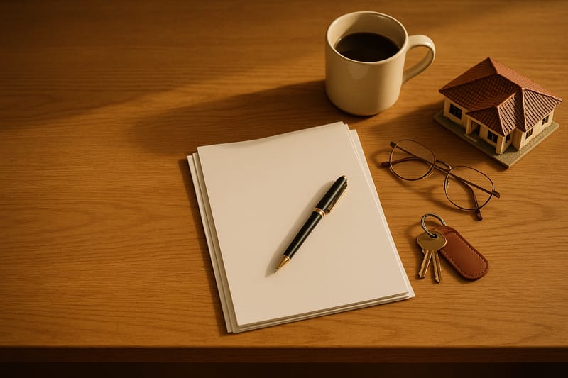 Closing-table flat-lay with keys and documents