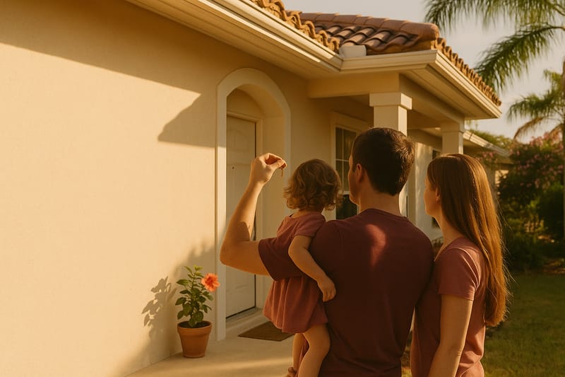 Florida family on the front porch of a new home